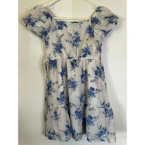 Trixxi Girl Blue Floral Dress Juniors M Puff Sleeve Tiered Fit & Flare